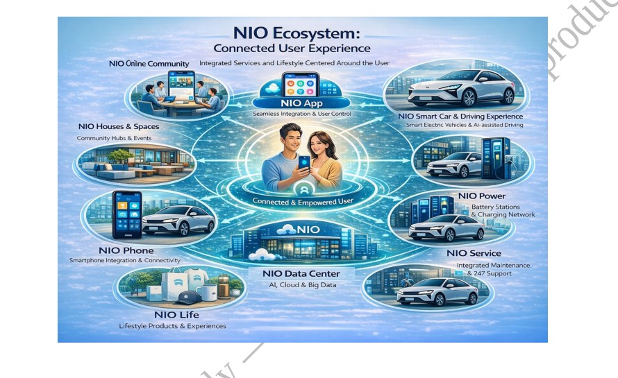 Figure C-2: NIO Ecosystem: Connected User Experience. A visual showing a connected and empowered user (depicted as people at the center) surrounded by ecosystem components including NIO Online Communities, NIO Houses & Spaces, NIO Phone, NIO Cars, NIO Battery Swap stations, NIO Smart Charge, NIO Service Centers, and a central NIO Data Center that integrates data across all touchpoints.