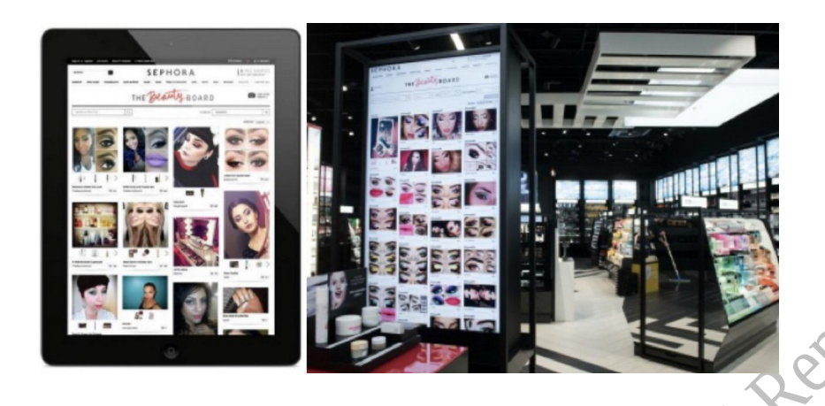 Figure A-2: Three panels showing Sephora's Beauty Board content on a mobile or tablet interface (left) and on large in-store digital displays in physical Sephora stores (center and right), illustrating how owned offline media mirrors and extends the digital community into the physical retail environment.